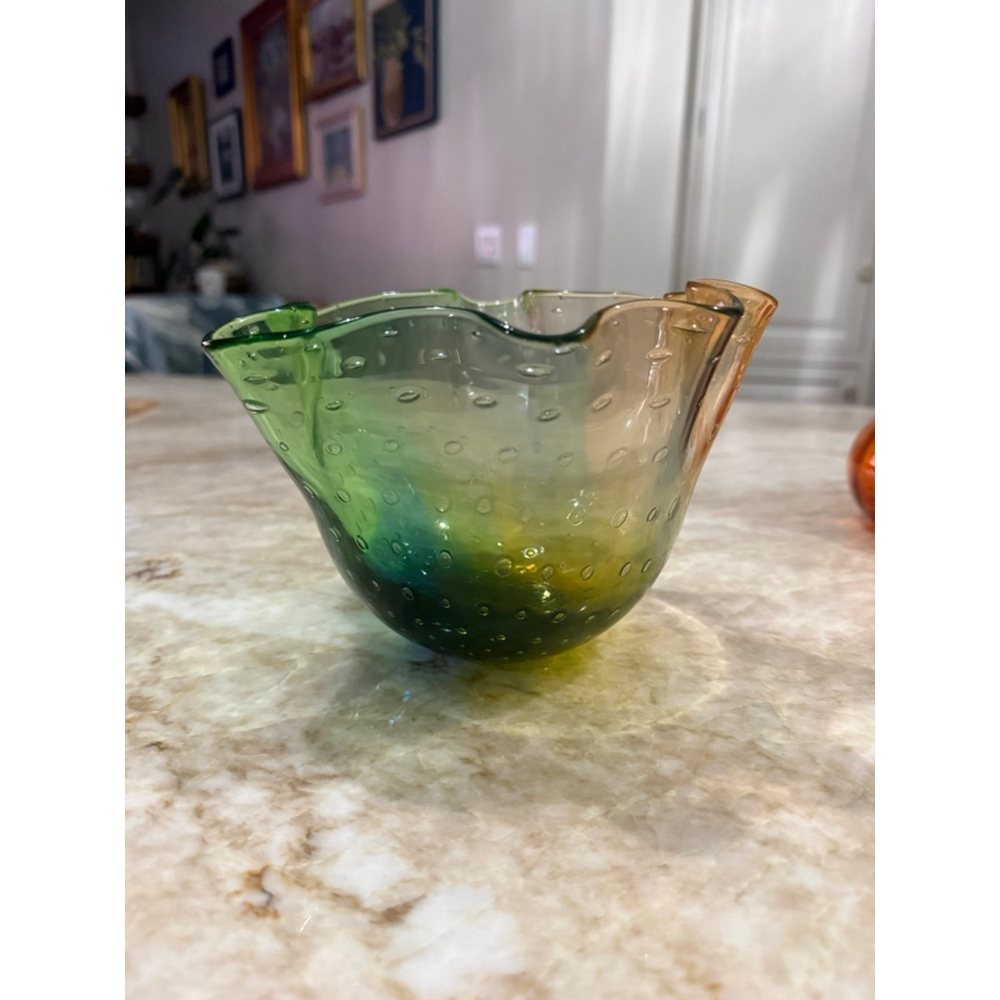Adam jablonski signed polish Glass Bubble Ruffled Vase hand blown. Artisan.